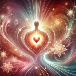 Medytacja-serca – abstrakcyjna grafika przedstawiająca promienne serce z kwiatami i delikatnym światłem, symbolizująca harmonię, wdzięczność i miłość.