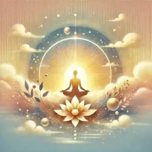 Osoba w pozycji medytacyjnej otoczona złotym światłem poranka i lotosem, symbolizująca harmonię i energię dnia.