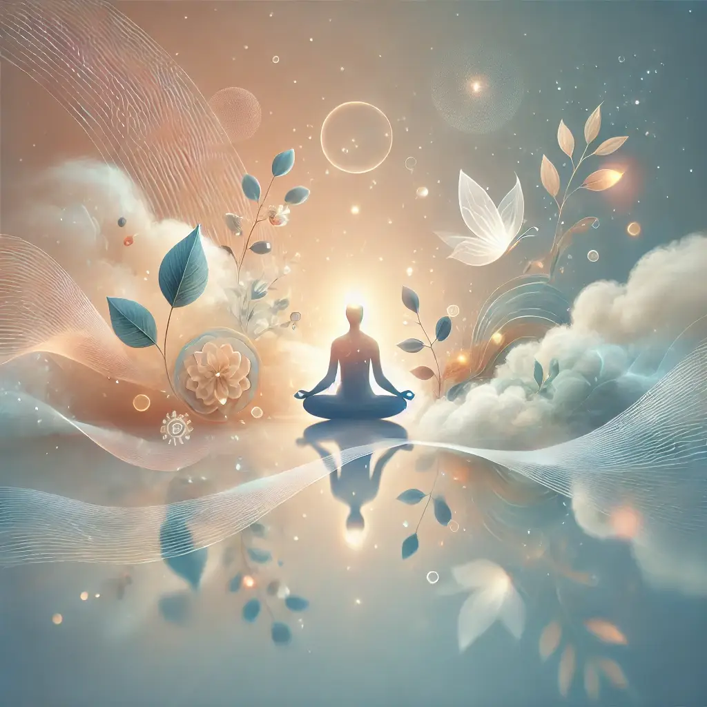 Osoba medytująca w otoczeniu delikatnych chmur, kwiatów i świetlistych wzorów, symbolizująca spokój, relaks i harmonię.