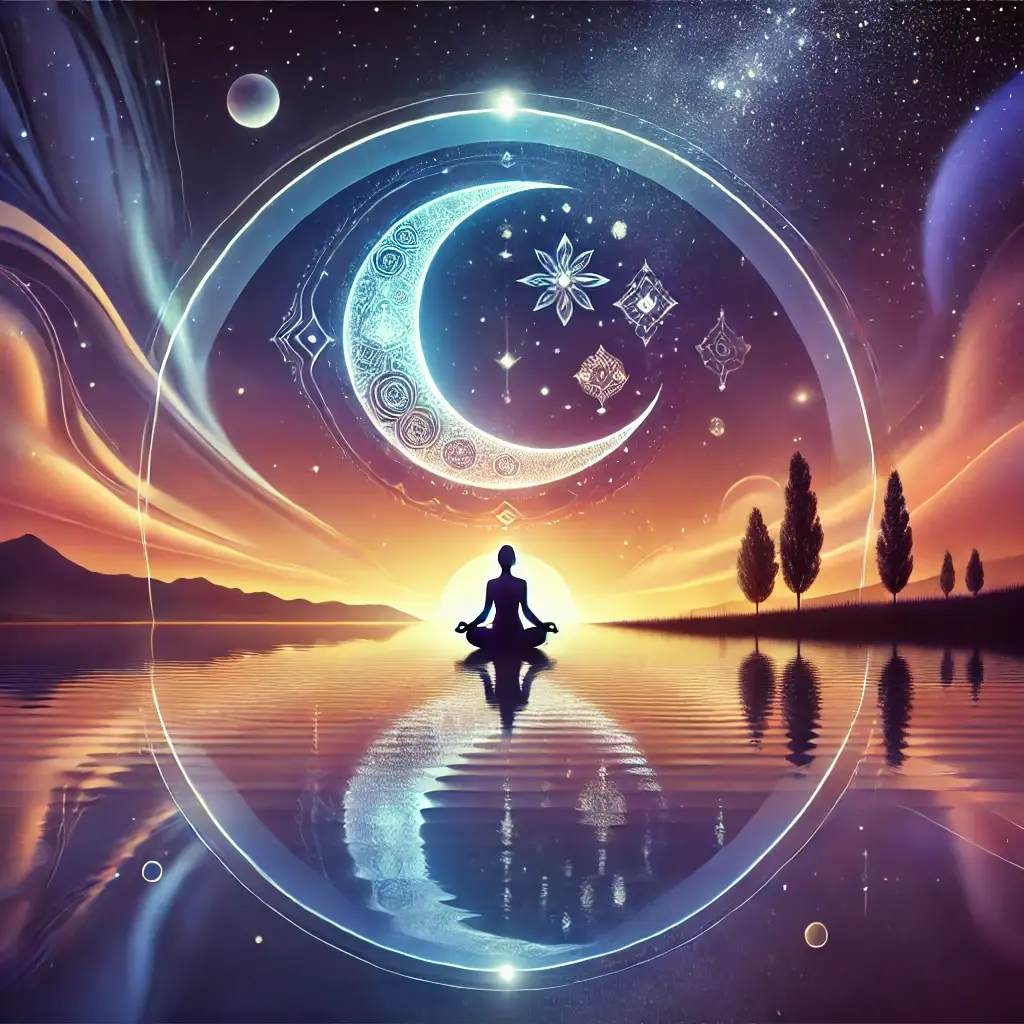 Osoba w medytacyjnej pozycji nad jeziorem o zachodzie słońca, otoczona symbolami księżyca i gwiazd, odzwierciedlająca spokój i harmonię wieczoru